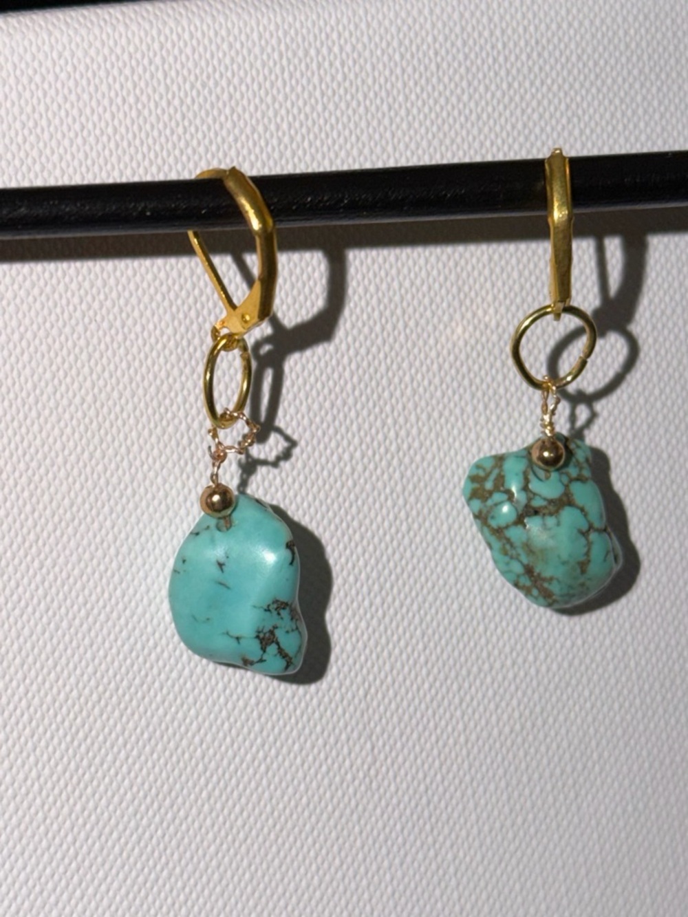Handmade Gold Turquoise Nugget Drop Earrings - Unbranded
